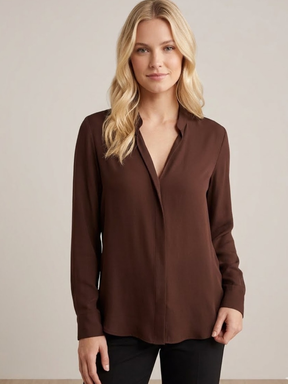 Vince 100% Silk Brown Long-Sleeve V-Neck Blouse, Size 2